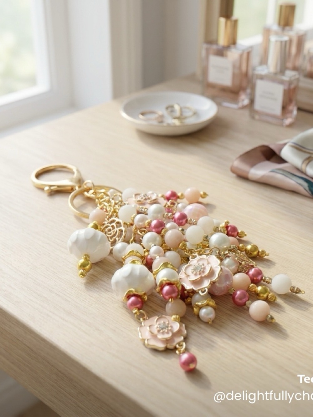 Delicate Gold Floral Charm Keychain - Pink & White Beads